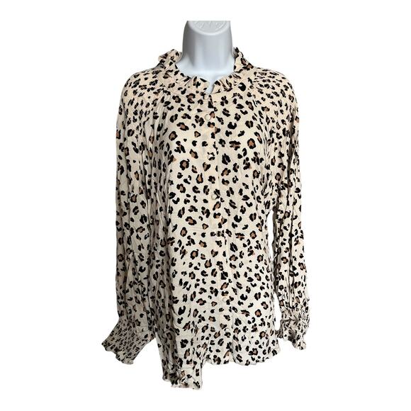 Fate Tops - Fate Curve cream leopard print long sleeve ruffle blouse button up 2x NWT